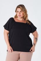 Blusa Plus Size com Elástico na Manga e Ombro Decote Quadrado Preta Ninha