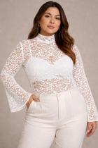 Blusa Plus Size de Renda Transparente Manga Flare Elegante Tendência Blusa Plus Size de Renda Transparente Manga Flare Elegante Tendência