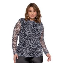 Blusa Plus Size de Tule Estampado c/ Forro Manga Longa Invenro -