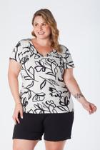 Blusa Plus Size Decote V com Manga -Estampa Digital Fundo Off White Rebeca Blusa Plus Size Decote V com Manga -Estampa Digital Fundo Off White Rebeca