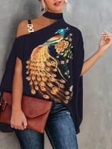 Blusa plus Size Estampada Com Decote Halter Para Mulheres, Elegante, Com Mangas Batwing, Pullover De