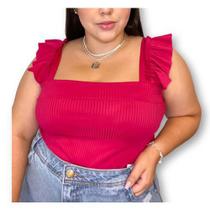 Blusa plus size estilosa canelada alça babado feminino