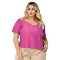 Blusa Plus Size Feminina Alças Grossas Manga Curta Ciganinha Ombro Laise de Malha