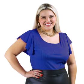 Blusa Plus Size Feminina Canelada Manga Curta Godê Gola Redonda - Azul escuro - UN 46-52 - MADALIH Loja Blusa Plus Size Feminina Canelada Manga Curta Godê Gola Redonda - Azul escuro - UN 46-52 - MADALIH Loja
