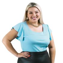 Blusa Plus Size Feminina Canelada Manga Curta Godê Gola Redonda
