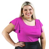 Blusa Plus Size Feminina Canelada Manga Curta Godê Gola Redonda