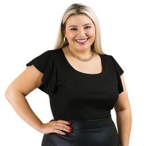 Blusa Plus Size Feminina Canelada Manga Curta Godê Gola Redonda