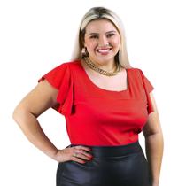 Blusa Plus Size Feminina Canelada Manga Curta Godê Gola Redonda
