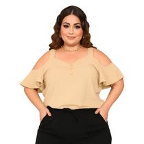 Blusa Plus Size Feminina Ciganinha Alças Largas Manga Soltinha Decote V Botões Crepe Leve Elegante - Bege - G1
