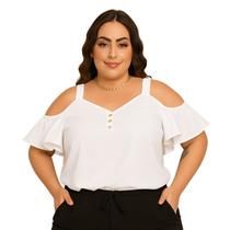 Blusa Plus Size Feminina Ciganinha Alças Largas Manga Soltinha Decote V Botões Crepe Leve Elegante - Branco - G2
