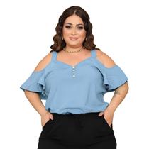 Blusa Plus Size Feminina Ciganinha Alças Largas Manga Soltinha Decote V Botões Crepe Leve Elegante