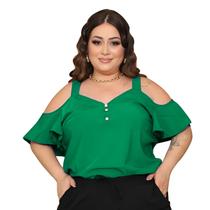 Blusa Plus Size Feminina Ciganinha Alças Largas Manga Soltinha Decote V Botões Crepe Leve Elegante