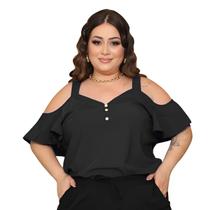 Blusa Plus Size Feminina Ciganinha Alças Largas Manga Soltinha Decote V Botões Crepe Leve Elegante - Preto - G1