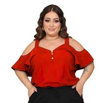 Blusa Plus Size Feminina Ciganinha Alças Largas Manga Soltinha Decote V Botões Crepe Leve Elegante - Vermelho - G1