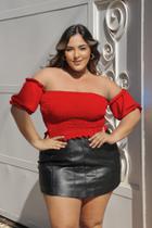 Blusa Plus Size Feminina Cropped Manga Curta Com Elástico Moda Blogueira