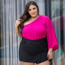Blusa Plus Size Feminina Cropped Manga Única Com Elástico Moda Blogueira