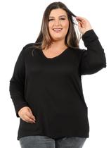 Blusa Plus Size Feminina Decote V. Manga Longa Preta