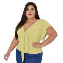Blusa Plus Size Feminina Gola V Amarração Manga Laise Renda de Malha
