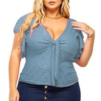 Blusa Plus Size Feminina Gola V Amarração Manga Laise Renda de Malha