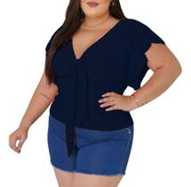 Blusa Plus Size Feminina Gola V Amarração Manga Laise Renda de Malha