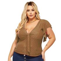 Blusa Plus Size Feminina Gola V Amarração Manga Laise Renda de Malha