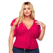 Blusa Plus Size Feminina Gola V Amarração Manga Laise Renda de Malha