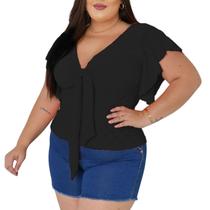 Blusa Plus Size Feminina Gola V Amarração Manga Laise Renda de Malha
