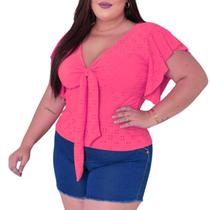 Blusa Plus Size Feminina Gola V Amarração Manga Laise Renda de Malha