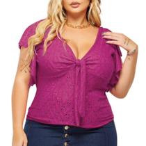 Blusa Plus Size Feminina Gola V Amarração Manga Laise Renda de Malha