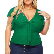 Blusa Plus Size Feminina Gola V Amarração Manga Laise Renda de Malha