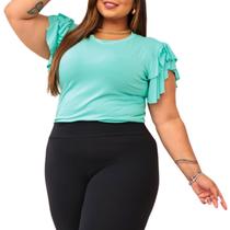 Blusa Plus Size Feminina Manga Curta Babado Gode Gola Redonda Malha