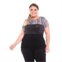 Blusa Plus Size Feminina Manga Curta Detalhe Suede Oncinha Blusinha Social Básica Confortável