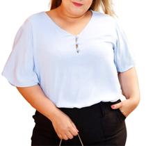 Blusa Plus Size Feminina Manga Curta Godê Decote V com Botões Encapados