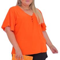 Blusa Plus Size Feminina Manga Curta Godê Decote V com Botões Encapados