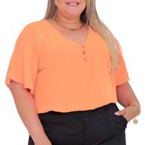 Blusa Plus Size Feminina Manga Curta Godê Decote V com Botões Encapados