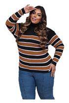 Blusa Plus Size Frio Tricot Cacharrel Listrada Gola Alta