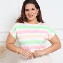 Blusa Plus Size Listrada Feminina T-Shirt Manga Curta Dobrada Casual