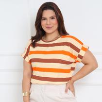 Blusa Plus Size Listrada Feminina T-Shirt Manga Curta Dobrada Viscolycra