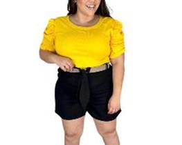 Blusa plus size manga curta princesa malha canelada moda feminina