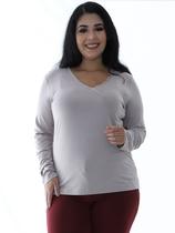 Blusa Plus Size Manga Longa Decote V Com Renda Areia
