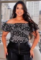 Blusa Plus Size Ombro a Ombro Floral Preta Blusa Plus Size Ombro a Ombro Floral Preta
