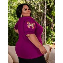 Blusa Plus Size Tshirt Feminina G1 Ao G3 Manga Bufante com Detalhe Confortável e Elegante