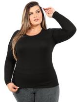 Blusa Plus Size Viscolycra Manga Longa Básica Lisa Preta