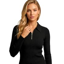 Blusa Polo Manga Longa Feminina Canelada Com Zíper Elegante Premium Camiseta Casual Fashion