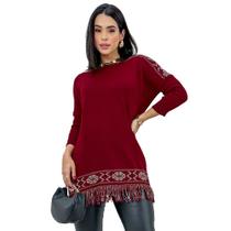 Blusa Poncho Feminino Tricot Franjas Manga Longa Soltinho Inverno