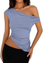 Blusa PRETTYGARDEN 2025 Cropped Ombro a Ombro Franzida Azul M
