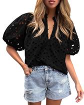 Blusa PRETTYGARDEN 2025 Decote V Renda Botões Preta G Blusa PRETTYGARDEN 2025 Decote V Renda Botões Preta G