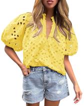 Blusa PRETTYGARDEN Amarela com Renda, Decote V e Manga Curta M