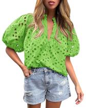 Blusa PRETTYGARDEN com Decote V, Botões, Renda Verde Médio