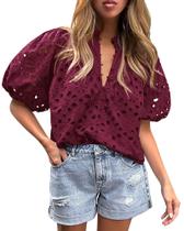 Blusa PRETTYGARDEN de Renda com Decote V e Recortes Vermelho Vinho P